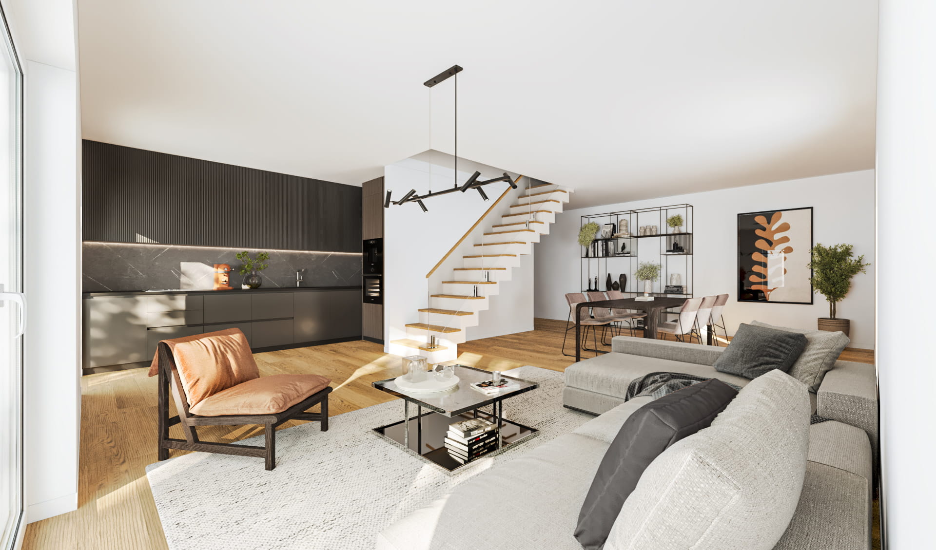 Nachher-Bild eines digitalen Grundriss-Stagings: Die fotorealistische 3D-Visualisierung zeigt eine modern eingerichtete Maisonette-Wohnung mit einem großzügigen, offenen Wohn-, Ess- und Küchenbereich. Im Vordergrund lädt ein gemütliches Wohnzimmer mit hellgrauem Ecksofa, gläsernem Couchtisch und braunem Ledersessel auf einem hellen Teppich zum Verweilen ein. Eine elegante Holztreppe mit Glasgeländer trennt den Raum optisch von der dunklen, luxuriösen Einbauküche und dem stilvollen Essplatz im Hintergrund. Lichtdurchflutete Räume und ein durchgehender warmer Holzboden runden das hochwertige Einrichtungskonzept ab – die ideale digitale Immobilienaufwertung für ein überzeugendes Exposé.